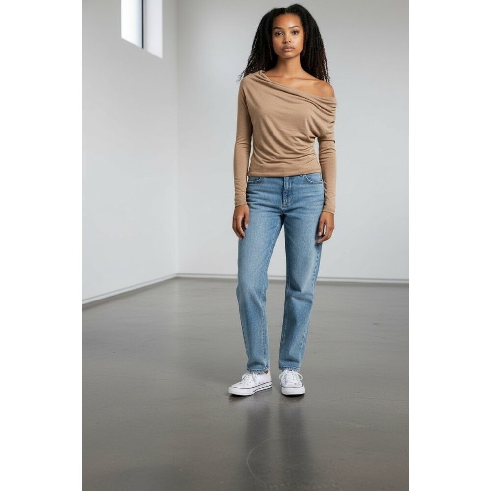 AFRM Tan Off-The-Shoulder Long Sleeve Bria Essential Top L